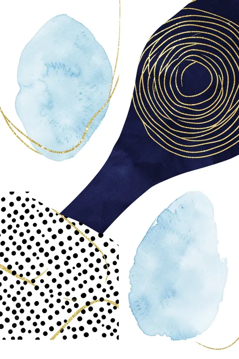 Abstract Blue Gold Flow. Pale blue organic patches and a dark curved blue area are paired with a gold spiral, black dots and fine gold lines on white.