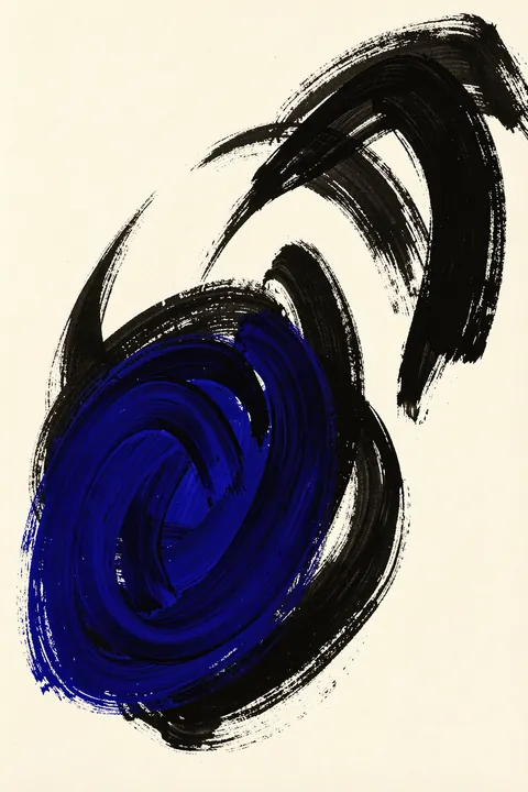 Abstract Blue Motion. Thick black and deep-blue circular brushstrokes twist together into a loose spiral on a warm cream background.