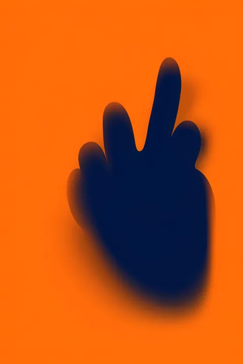 Abstract Blue Orange Flow. A soft-edged navy hand silhouette with two raised fingers is centered on a vivid orange background.
