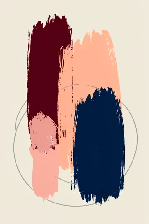 Abstract Brush Strokes 10x 300dpi. Overlapping burgundy, coral-pink and navy brush marks sit inside a faint circular outline on a pale background.
