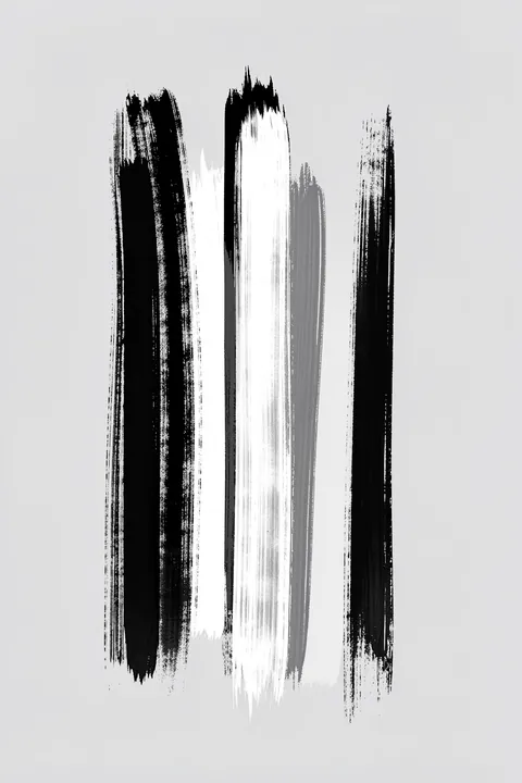Abstract Brush Strokes 12 300dpi. Several tall black and white brushstrokes run vertically down a pale gray field, with uneven dry-brush edges.
