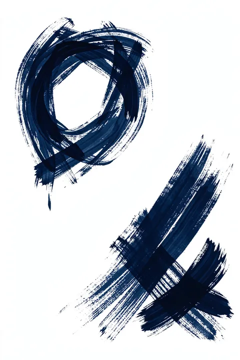 Abstract Brush Strokes 98. A dark navy circular brush mark and two diagonal strokes sit apart on white, leaving broad open space around them.
