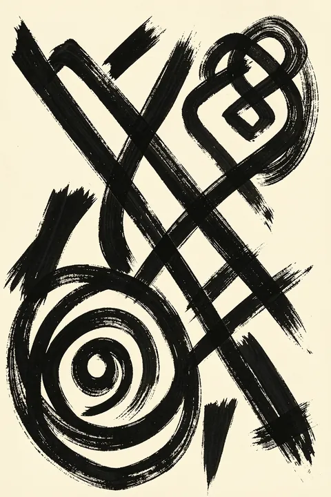 Abstract Brushstroke Pattern. Black dry-brush lines cross and loop around a spiral near the bottom, forming a loose abstract pattern on cream.