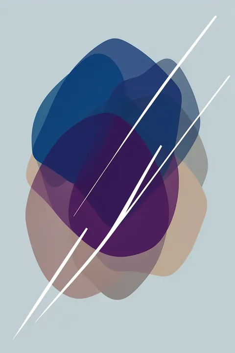 Abstract Color Flow. Translucent blue, purple and dusty-pink organic forms overlap on a pale blue-gray background, crossed by two thin white diagonals.