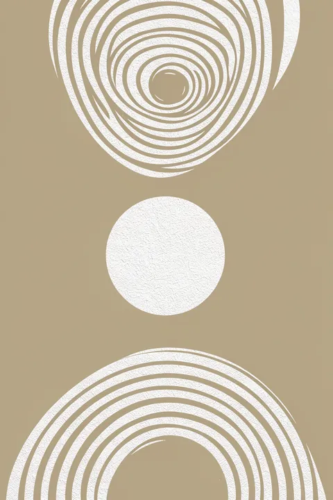 Abstract Desert Arches Moon. Concentric cream arches and a central white circle create a symmetrical desert-inspired arrangement on a muted sand background.