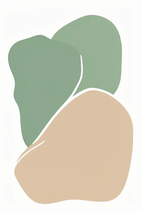 Abstract Earth Flow. Large sage-green and warm beige organic shapes overlap on white, divided by a narrow curved white line.