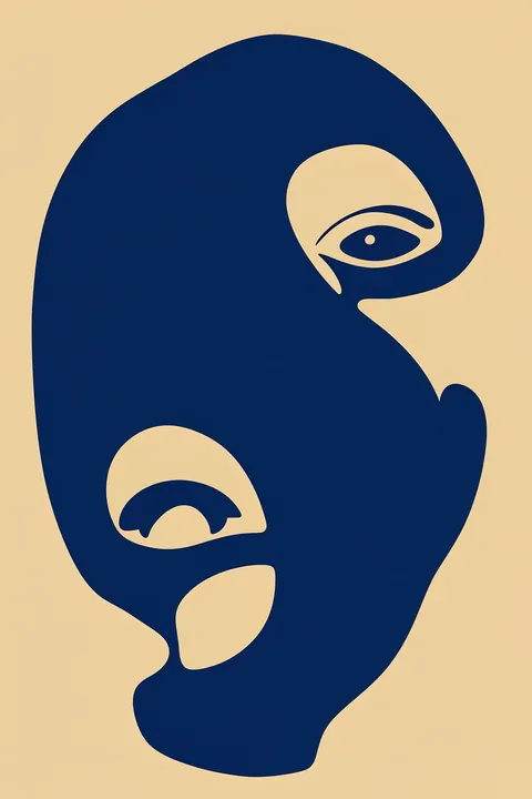 Abstract Face No1.. A bold navy silhouette combines two stylized face profiles in opposite directions against a warm ochre background.