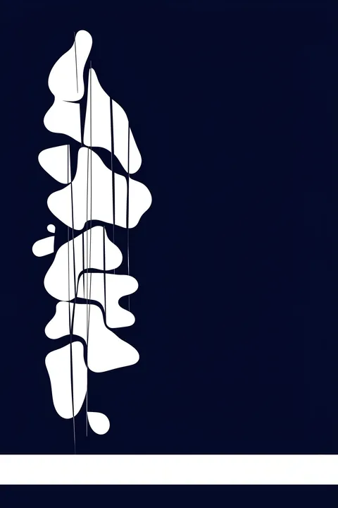 Abstract Fluid Forms. White fluid vertical marks and a fine central line appear on a deep navy panel bordered by white horizontal bands.
