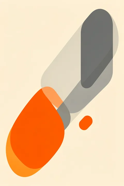 Abstract Geometric Flow. A bright orange rounded form overlaps a long translucent gray shape, with a small orange dot on a pale cream background.