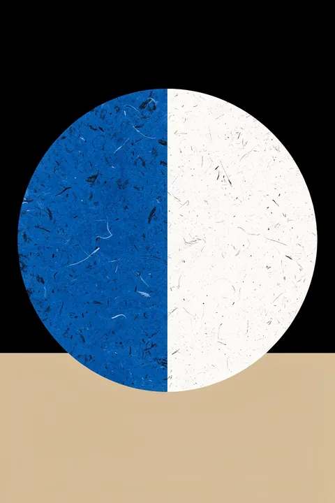 Abstract Geometric Reflection. A circle split into textured blue and white halves sits above a tan horizontal band against a black field.
