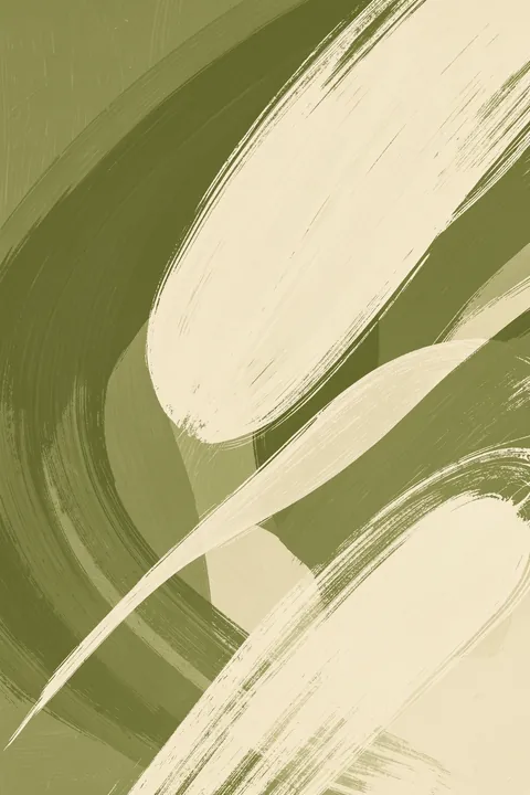 Abstract Golden Flow. Broad olive-green and warm cream brushstrokes sweep diagonally across the image, intersected by a thin pale curve.