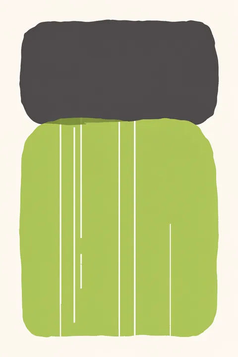 Abstract Green Balance. A charcoal-gray block rests above a lime-green rounded rectangle, with thin vertical white lines on a cream background.
