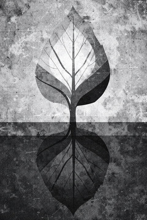 Abstract Grey Botanicals. A mirrored leaf-like botanical form is rendered in black and gray over a distressed monochrome background.