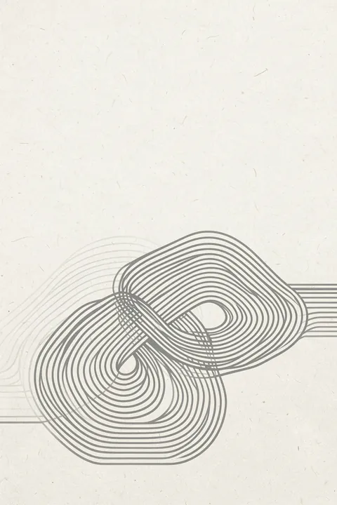 Abstract Grey Intersections 01. Two interlocking gray contour-line loops cross at the center, with thin horizontal lines extending across a lightly textured field.