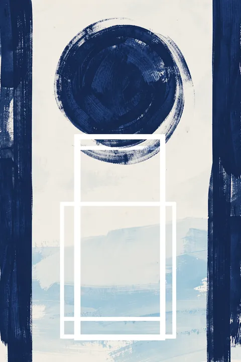 Abstract Indigo Forms. A dark navy circular brush mark and vertical strokes layer over pale blue washes and white rectangular outlines.