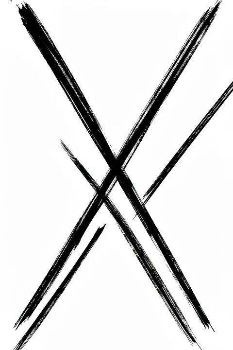 Abstract Intersecting Lines. Several long black brush lines intersect in a large angular X across a white field.