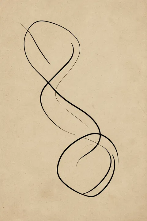 Abstract Line Flow. A thin black line draws two connected looping curves from top to bottom on textured tan paper.