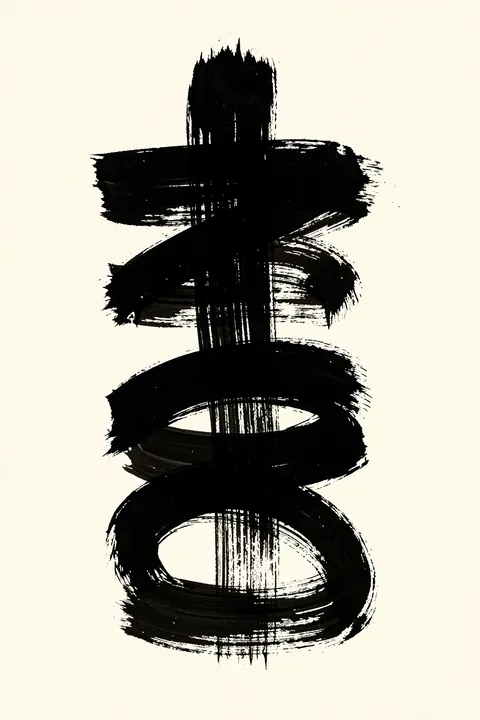 Abstract Linear Flow. Dense black brushstrokes form a vertical stack of looping horizontal bands on an ivory background.