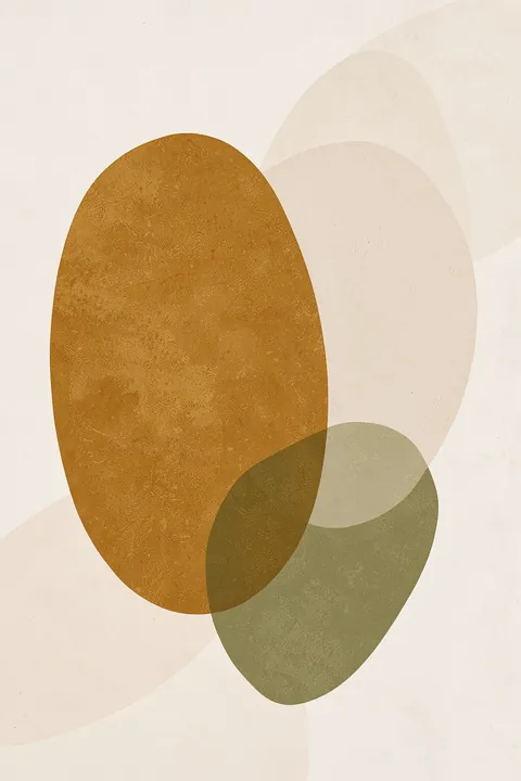 Aqua Shapes4 Kopie. Large translucent tan and pale beige ovals overlap with a muted olive shape on a softly textured light background.