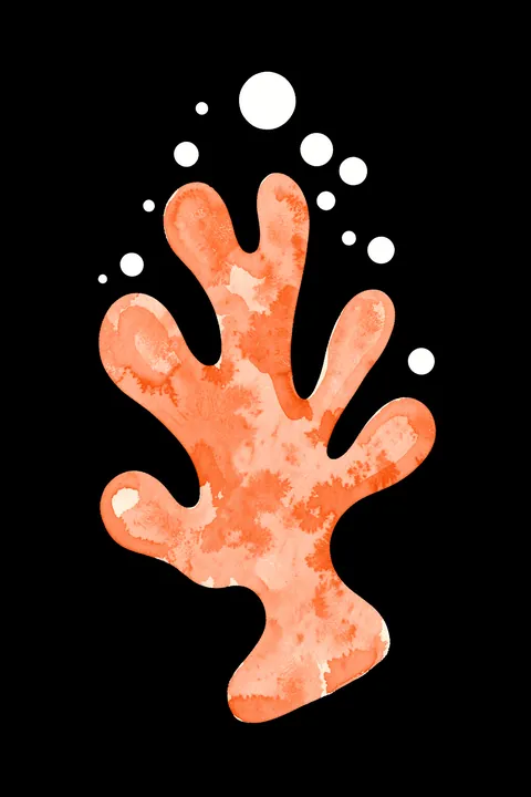 Aquarell Miro Shapes4 Kopie. A coral-orange branching shape dotted with small white circles floats on a black background, with a few loose white dots above.
