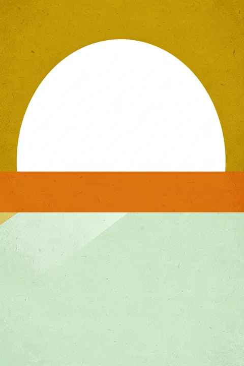Bauhaus 3 23. A white semicircle rises above an orange horizontal band and pale mint blocks on a mustard-yellow and cream geometric field.