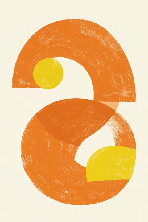 Bauhaus 4 23. A broad orange loop shaped like a loose numeral curves around two bright yellow circles on a cream background.