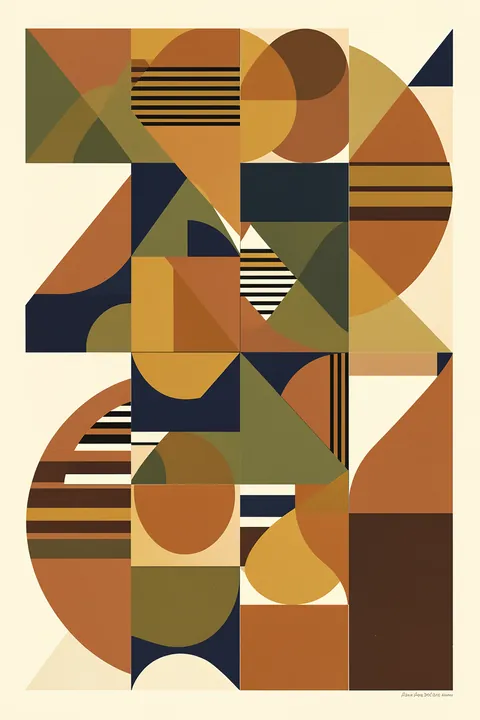 Bauhaus Fun. A dense grid of circles, triangles and rectangles in ochre, rust, olive and navy forms a geometric patchwork.
