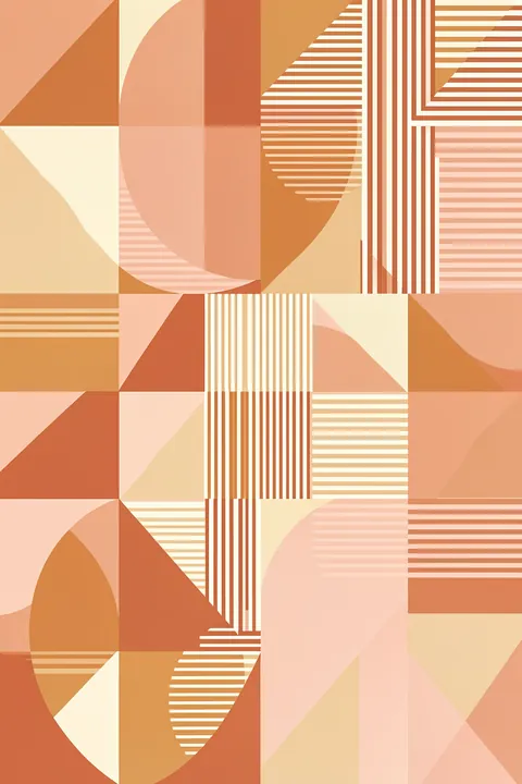 Bauhaus Fun Pastel. A pastel geometric grid combines peach and cream circles, triangles and striped panels in a tall composition.