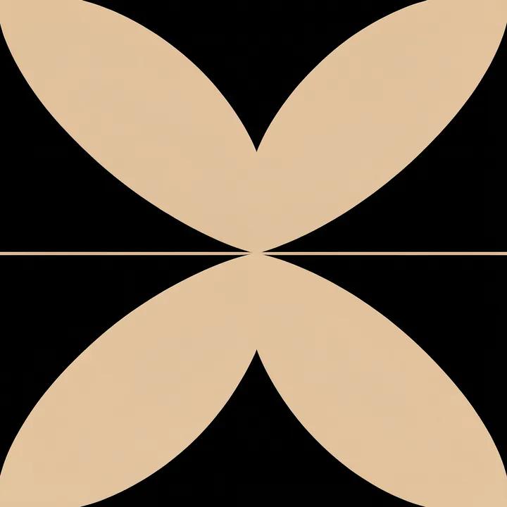 Blackbird. Four tan petal-like curves meet at the center to form a symmetrical flower-like shape on black.