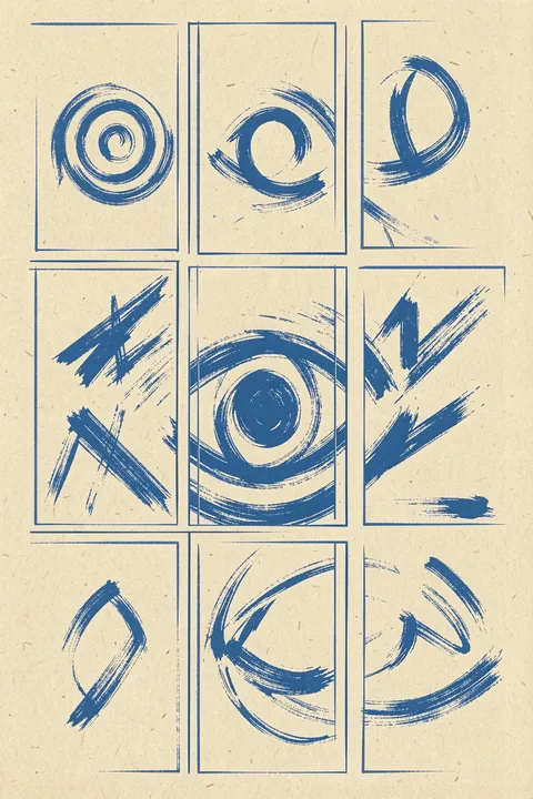 Blue Abstract Shapes Grid. Nine blue brush-drawn abstract marks sit in a three-by-three grid on textured cream paper.