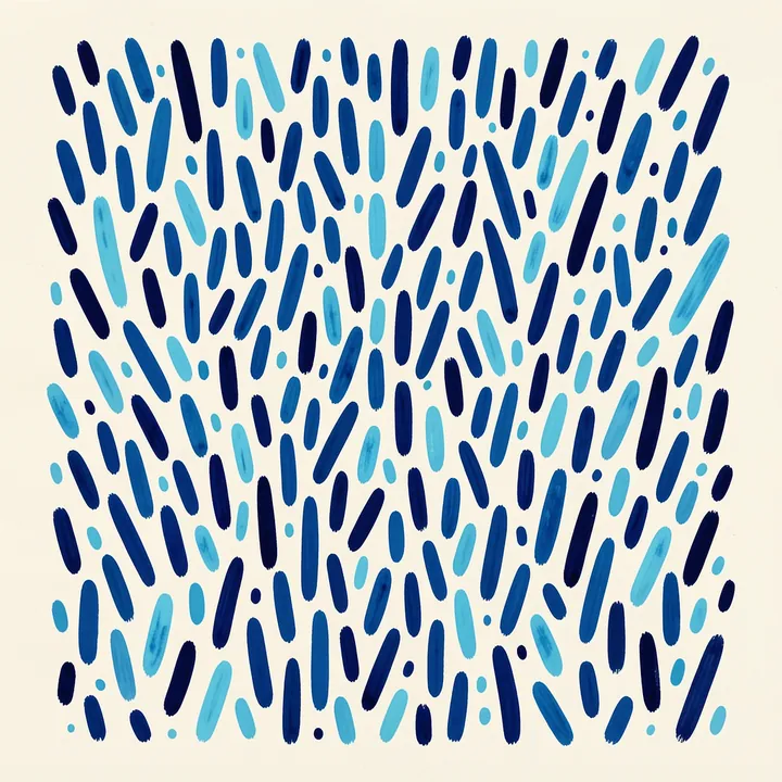Blue Harmony Shapes. Rows of short navy and cyan brush marks are scattered evenly across a white background.