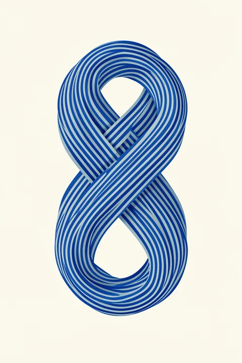 Blue Infinity Loop. A tall infinity loop is built from closely spaced alternating blue and pale lines on a cream background.