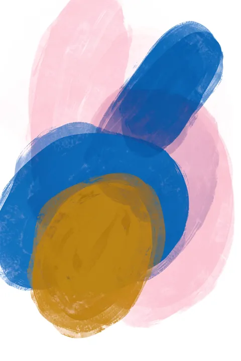 Blue Pink Gold Abstract. Broad translucent brush marks in blue, pink and ochre overlap diagonally on a white ground.
