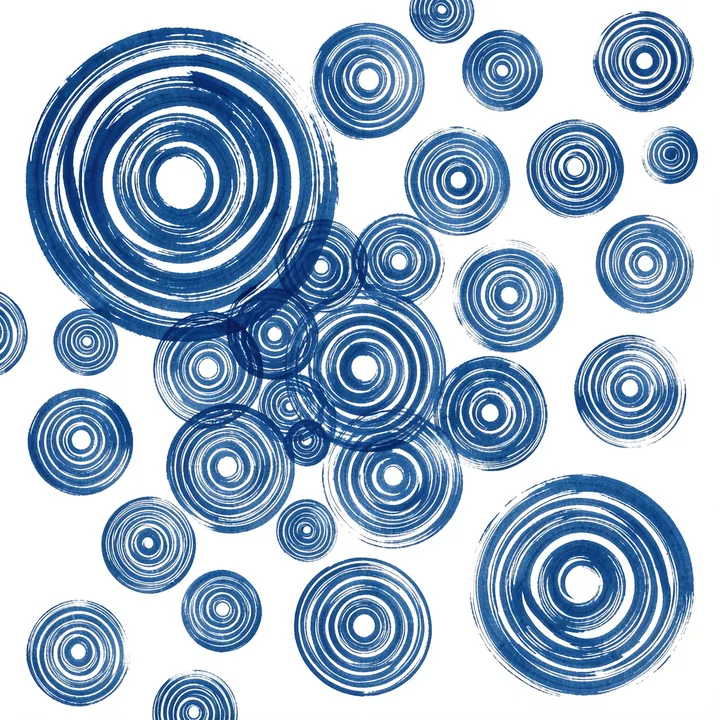 Blue Spiral Dance. Many blue concentric spiral circles of different sizes are scattered across a white background.