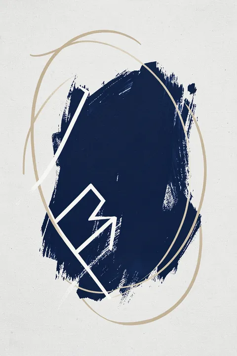 Blue Strokes 5. A dense navy brush-painted oval is crossed by sharp white angular lines and surrounded by thin gold arcs on pale gray.