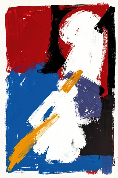 Bold Abstract Movement. Red, blue, black, white and yellow paint marks collide in a dense energetic abstract composition.