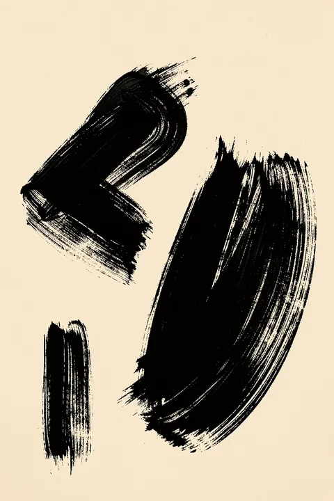 Bold Black Gestures. Three bold black dry-brush marks—two curved strokes and a short vertical bar—sit on beige.