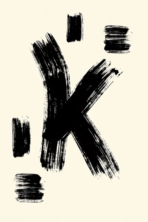 Bold Black Strokes. Bold black dry-brush strokes form a large angular, branching shape, with four smaller brush blocks spaced around it on a warm ivory ground.