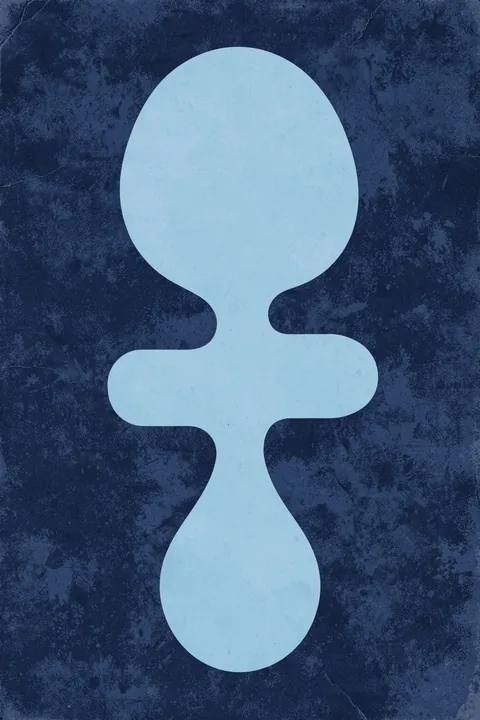 Calm Blue Abstract. A pale-blue three-lobed organic silhouette stands vertically against a dark navy, mottled background.