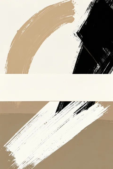 Caves. Broad beige and black brush arcs frame a blank cream band, while diagonal white strokes sweep across the tan lower half.