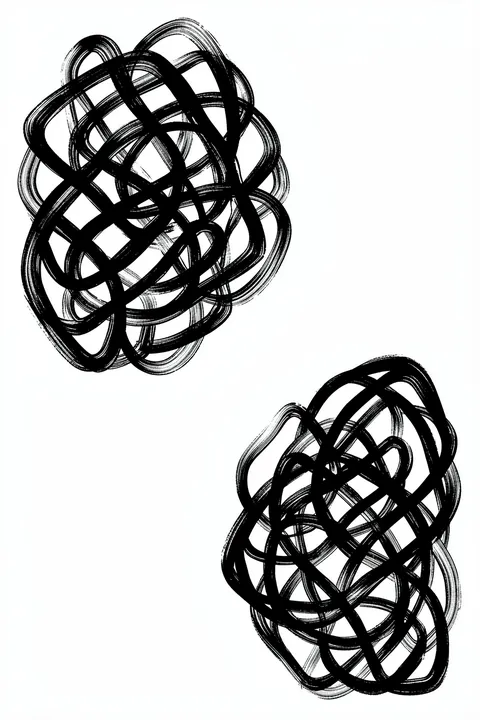 Chaotic Lines Dance. Two separate tangles of looping black brush lines sit diagonally on a plain white field.