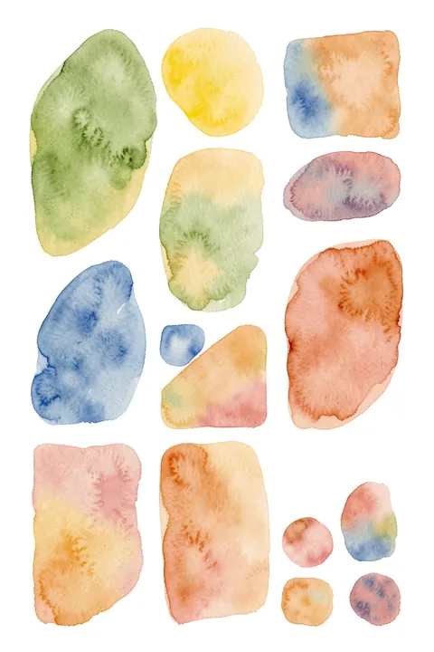 Colorful Organic Shapes. Irregular watercolor patches in green, yellow, blue, coral, peach and mauve are scattered across a white background.