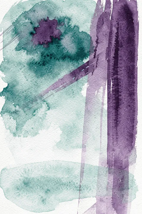 Deep Ocean Abstract. Soft turquoise washes and vertical plum brushstrokes overlap in a textured watercolor composition on an off-white ground.