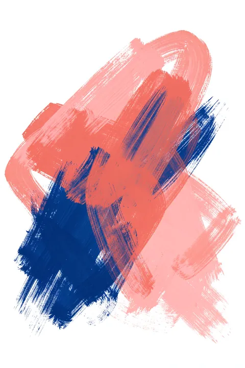 Dynamic Blue Pink Abstract. Broad coral-pink and deep-blue brushstrokes overlap diagonally in a loose, energetic composition on white.