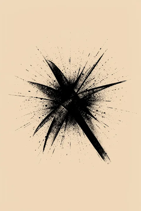Dynamic Ink Burst. A dense black ink burst radiates into fine splatters and sharp brush spikes across a warm beige background.