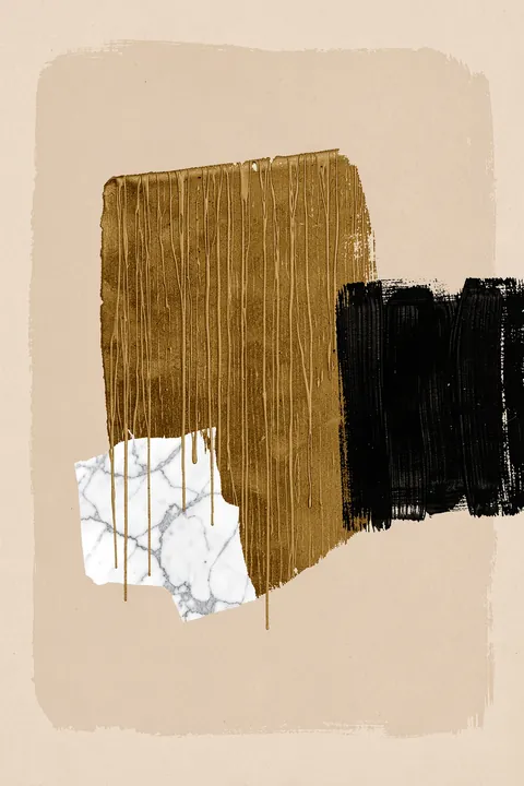 Elegant Gold Abstract Forms. A textured gold brush block overlaps a black horizontal swath, with a small white marble-patterned shape on a pale cream ground.