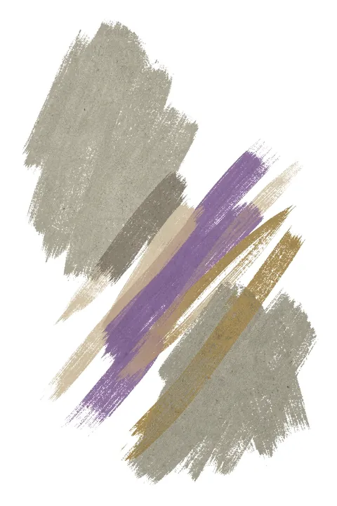 Elegant Organic Abstract. Diagonal textured brush marks in grey, taupe, muted purple and ochre cross an otherwise white field.