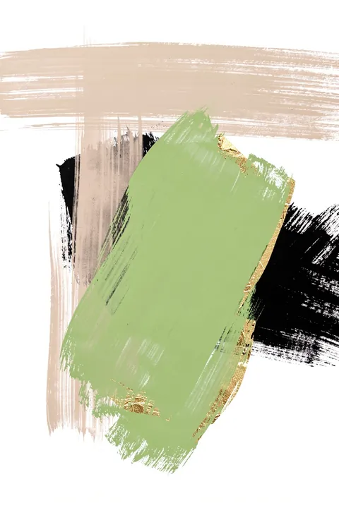 Elegant Sage Shimmer. Layered sage-green, beige and black brush blocks overlap at the center, with small gold-toned flecks on a white background.