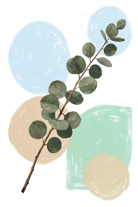 Eucalyptus Soft Abstract. A leafy eucalyptus branch runs diagonally across pastel blue, mint and beige painted circles and rectangles.