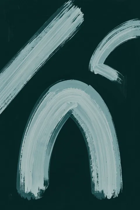 Fluid Aqua Arches. Broad pale blue-grey brushstrokes form two loose arch shapes against a deep green-black background.